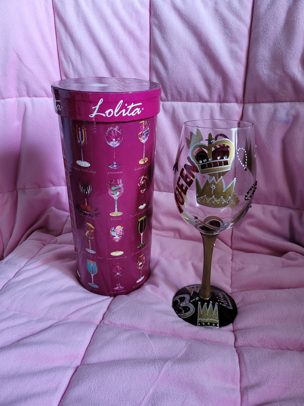 Lolita Queen Hand-Painted 15 Oz Wine Glass with Original Box